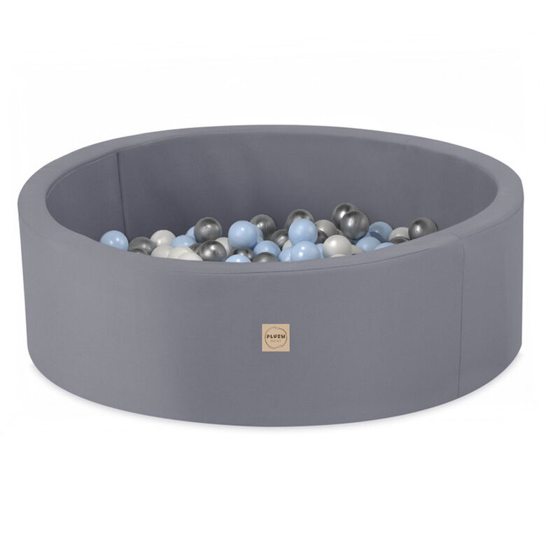 PLUSH NEST Dry pool, outdoor, round, gray, waterproof, 90x30 cm, 200 balls: pearl, light blue, silver