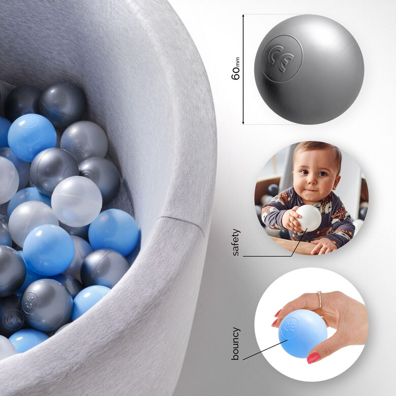 PLUSH NEST Dry Pool Balls, 6 cm, set of 200 pcs: pearl, silver, pearl light blue