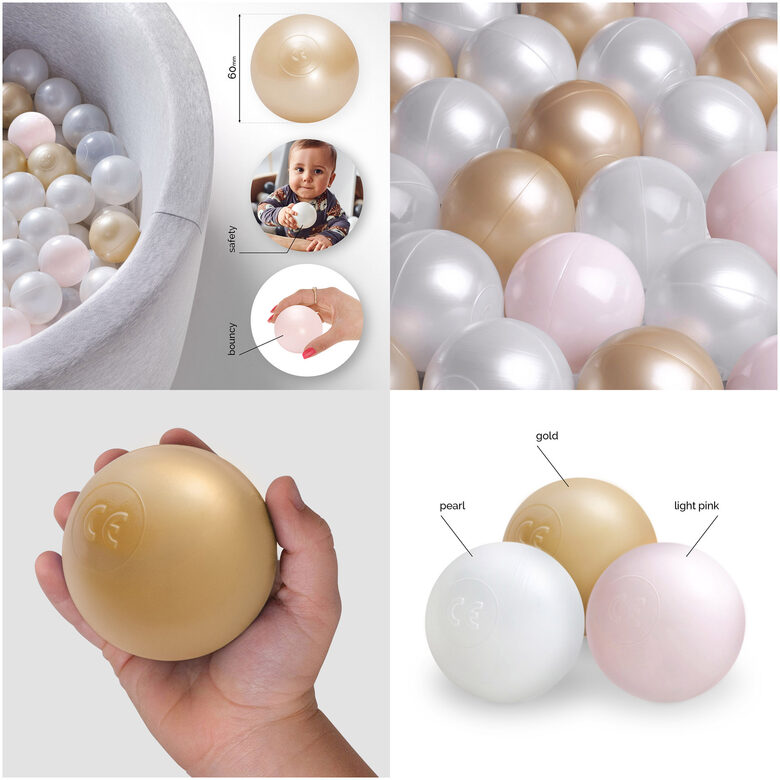 PLUSH NEST Dry pool balls, 6 cm, set of 200 pcs: pearl, gold, light pink
