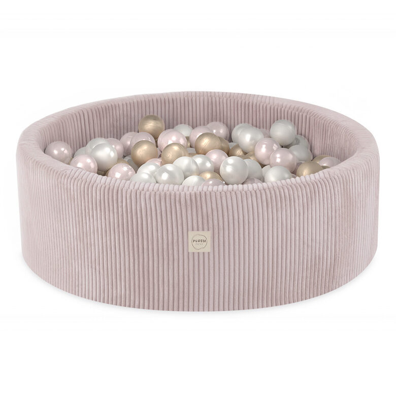 PLUSH NEST Ball pool, light pink, round, corduroy, 90x30, 200 balls: pearl, light pink, gold