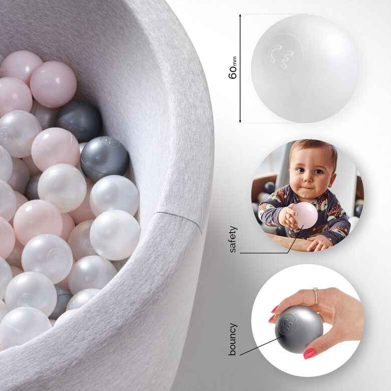 PLUSH NEST Dry Pool Balls, 6 cm, set of 200 pcs: pearl, silver, pearl light pink