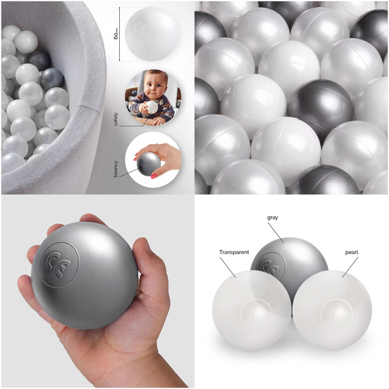 PLUSH NEST Dry pool balls, 6 cm, set of 200 pcs: pearl, transparent, silver