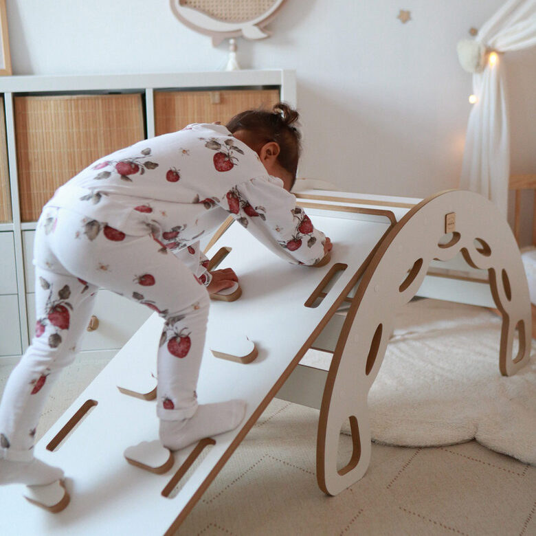 PLUSH NEST Small Rocker 4-in-1 rocker + climbing wall/slide + cushion Light Gray, white Wooden Play