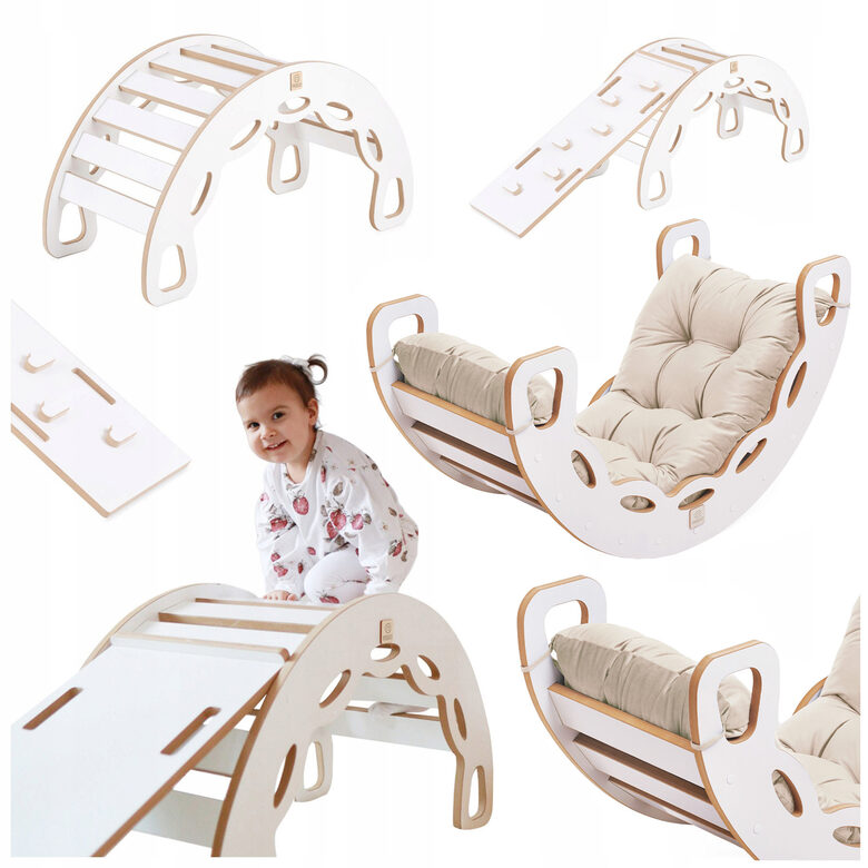 PLUSH NEST Small Rocker 4-in-1 rocker + climbing wall/slide + cushion (beige/gold Velvet), white Wooden Play