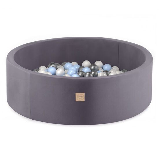 PLUSH NEST Ball pool, gray, round, velour, 90x30, 200 balls: light blue, silver, pearl
