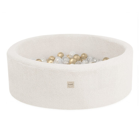 PLUSH NEST Dry pool, round, 90x30 cm, cream lamb (+200 balls gold, pearl, transparent)