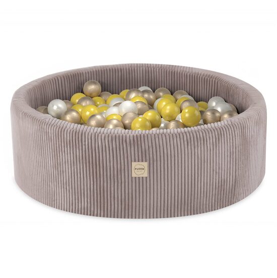PLUSH NEST Ball pool, beige, round, corduroy, 90x30, 200 balls: pearl, yellow, gold
