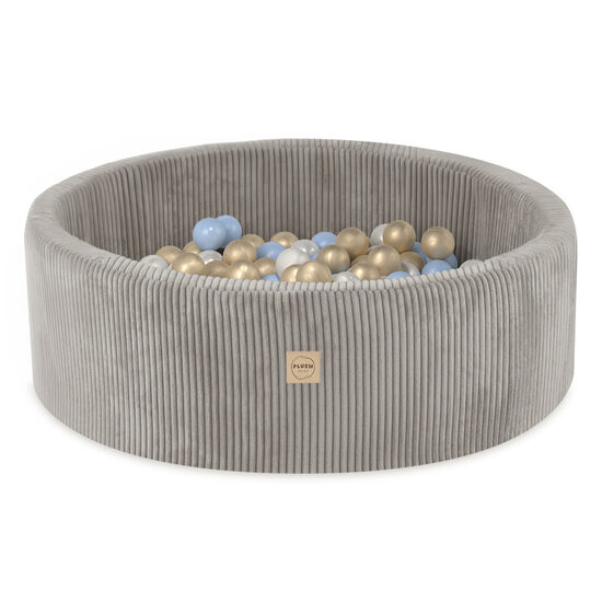 PLUSH NEST Dry pool with balls, beige, round, premium corduroy, 90x30, 200 balls: pearl, blue, gold