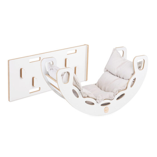 PLUSH NEST Small Rocker 4-in-1 rocker + climbing wall/slide + cushion Light Beige, white Wooden Play