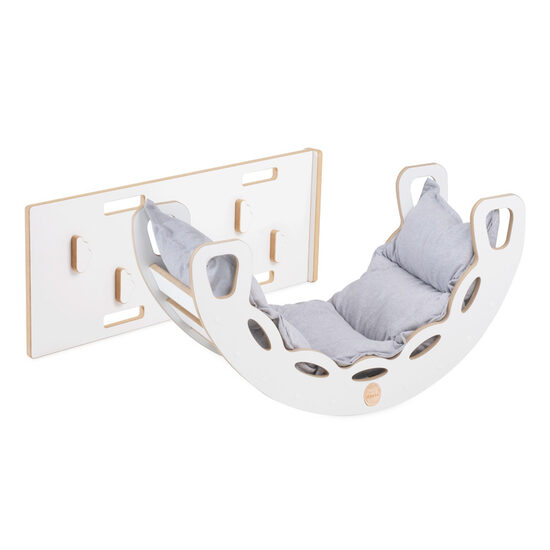 PLUSH NEST Small Rocker 4-in-1 rocker + climbing wall/slide + cushion Light Gray, white Wooden Play