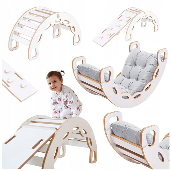 Pre-order for 05.03.2026 - PLUSH NEST Small Rocker 4-in-1 rocker + climbing wall/slide + cushion (Velvet gray), white Wooden Play