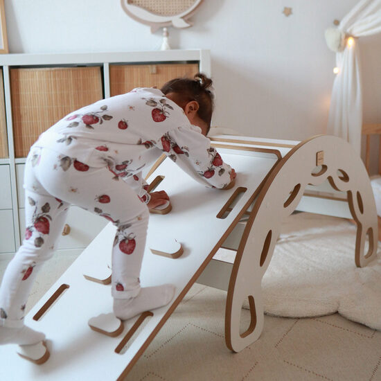 PLUSH NEST Small Rocker 4-in-1 rocker + climbing wall/slide + cushion Light Gray, white Wooden Play