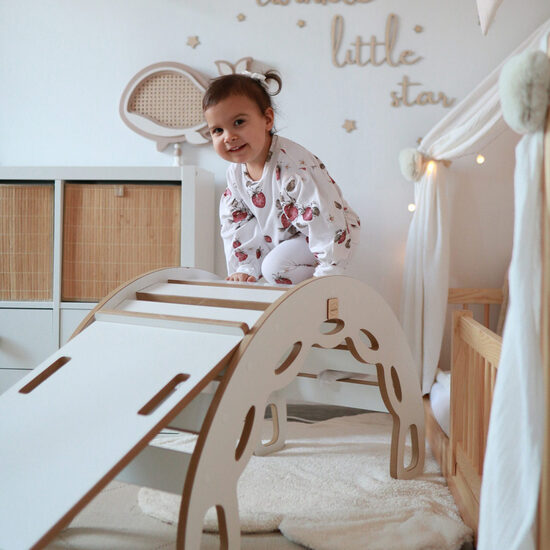 PLUSH NEST Small Rocker 4-in-1 rocker + climbing wall/slide + cushion Light Beige, white Wooden Play