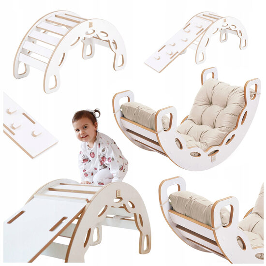 PLUSH NEST Small Rocker 4-in-1 rocker + climbing wall/slide + cushion (beige/gold Velvet), white Wooden Play