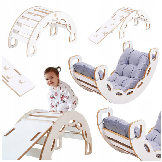 PLUSH NEST Small Rocker 4-in-1 rocker + climbing wall/slide + cushion (lilac Velvet), white Wooden Play