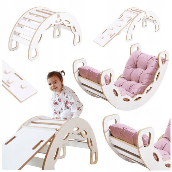 PLUSH NEST Small Rocker 4-in-1 rocker + climbing wall/slide + cushion (pink Velvet), white Wooden Play