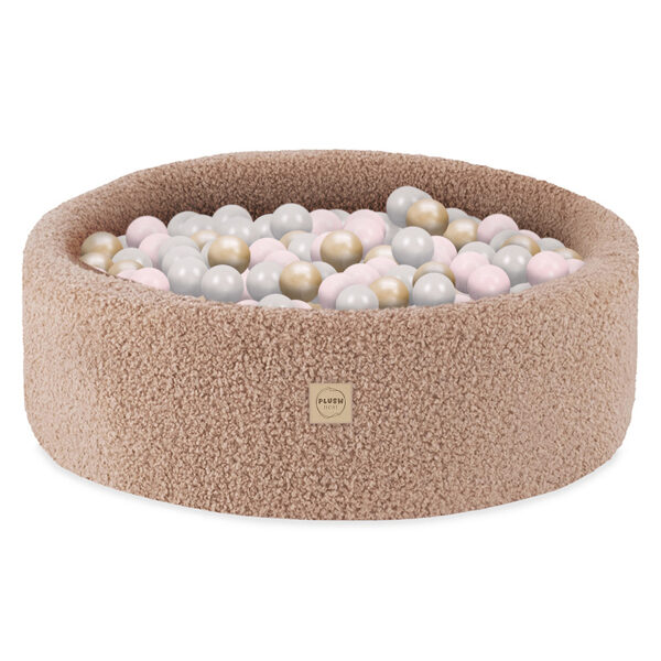 PLUSH NEST Ball pool, beige, round, boucle, 90x30, 200 balls: pearl, light pink, gold