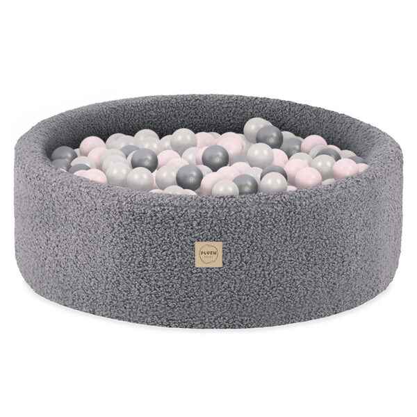 PLUSH NEST Ball pool, gray, round, boucle, 90x30, 200 balls: pearl, light pink, silver