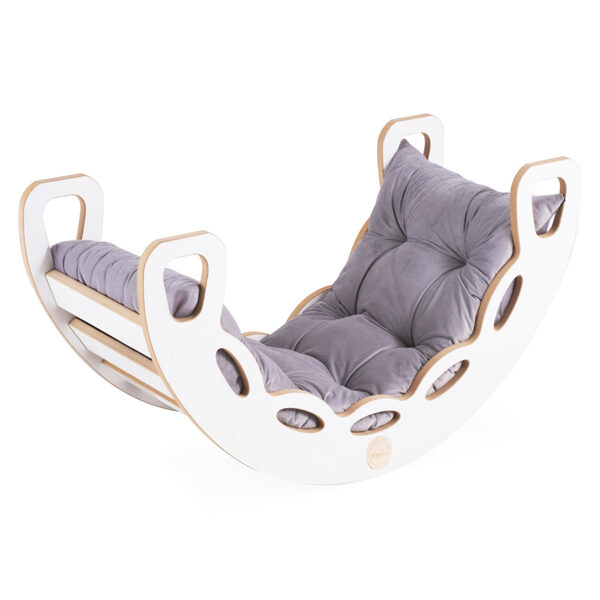 PLUSH NEST Small Rocker 4-in-1 rocker + climbing wall/slide + cushion (Velvet gray), white Wooden Play