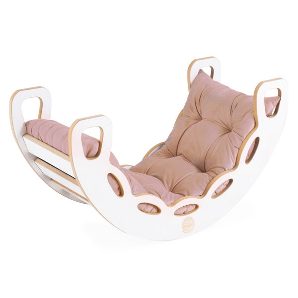 PLUSH NEST Small Rocker 4-in-1 rocker + climbing wall/slide + cushion (beige/gold Velvet), white Wooden Play