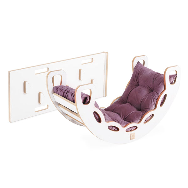 PLUSH NEST Small Rocker 4-in-1 rocker + climbing wall/slide + cushion (lilac Velvet), white Wooden Play