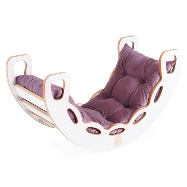 PLUSH NEST Small Rocker 4-in-1 rocker + climbing wall/slide + cushion (lilac Velvet), white Wooden Play