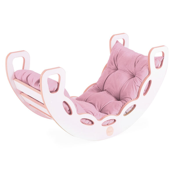 PLUSH NEST Small Rocker 4-in-1 rocker + climbing wall/slide + cushion (pink Velvet), white Wooden Play