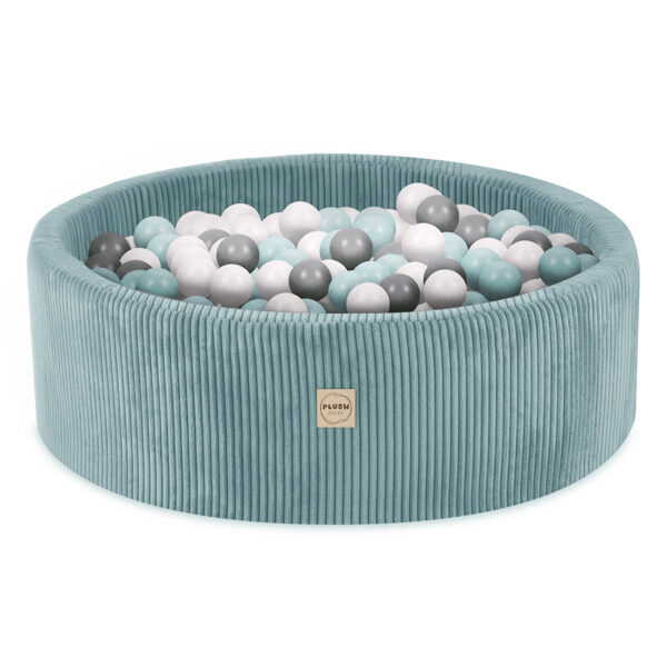 PLUSH NEST Ball pool, mint, round, corduroy, 90x30, 200 balls: mint, silver, white