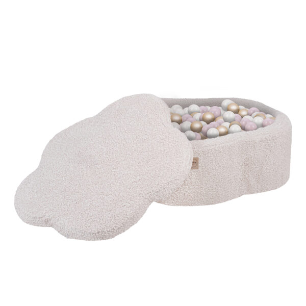 PLUSH NEST Dry flower pool with mat , 95x30, cream, boucle, Floral Fun Zone, 200 balls: pearl, light pink pearl, gold